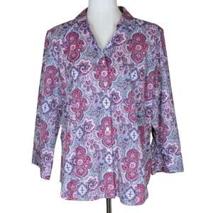 TALBOTS Size 16 Pink Purple Paisley Wrinkle Resistant Button Down Cotton Shirt